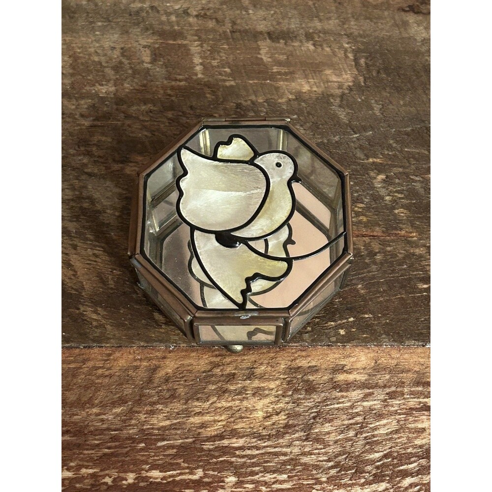VTG Stained Glass Dove Bird Octagon Mirrored Hinged Lid Trinket Jewelry Box